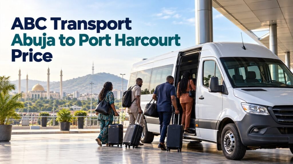 Minibus boarding in Abuja with the text ABC Transport Abuja to Port Harcourt Price