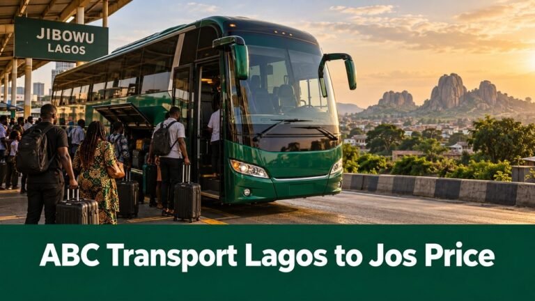 Coach at Lagos Jibowu with Jos hills in the distance and the text ABC Transport Lagos to Jos Price