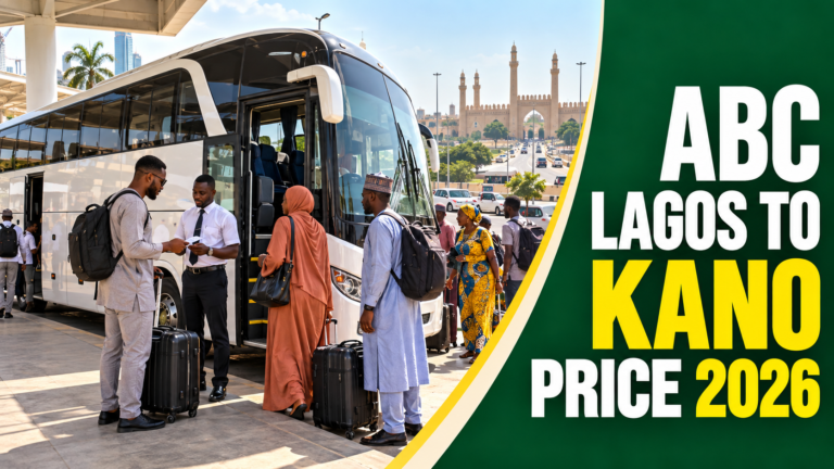 Nigerian travellers checking tickets beside a coach with ABC Lagos to Kano Price 2026 text