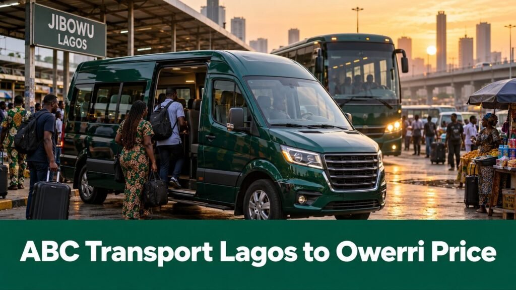 Executive minibus at Jibowu with the text ABC Transport Lagos to Owerri Price