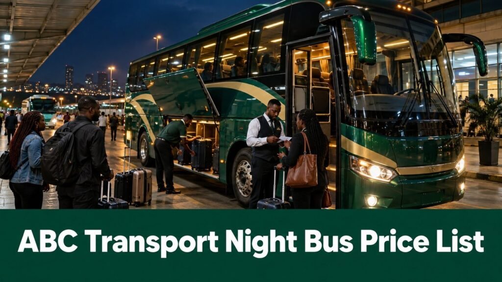 Luxury coach at a Nigerian terminal at night with the text ABC Transport Night Bus Price List