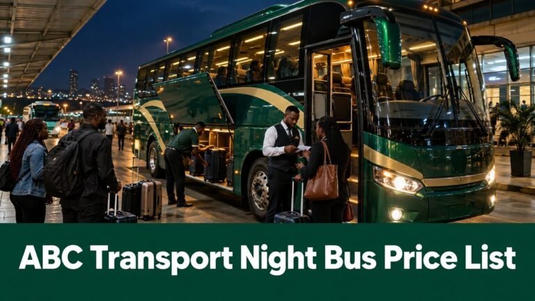 Luxury coach at a Nigerian terminal at night with the text ABC Transport Night Bus Price List