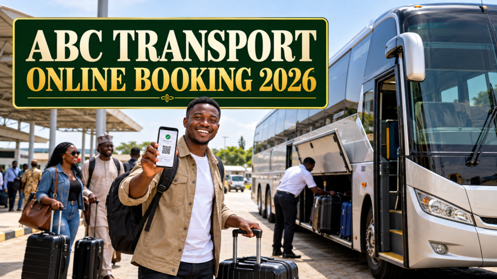 Nigerian traveller showing a confirmed ticket with ABC Transport Online Booking 2026 text