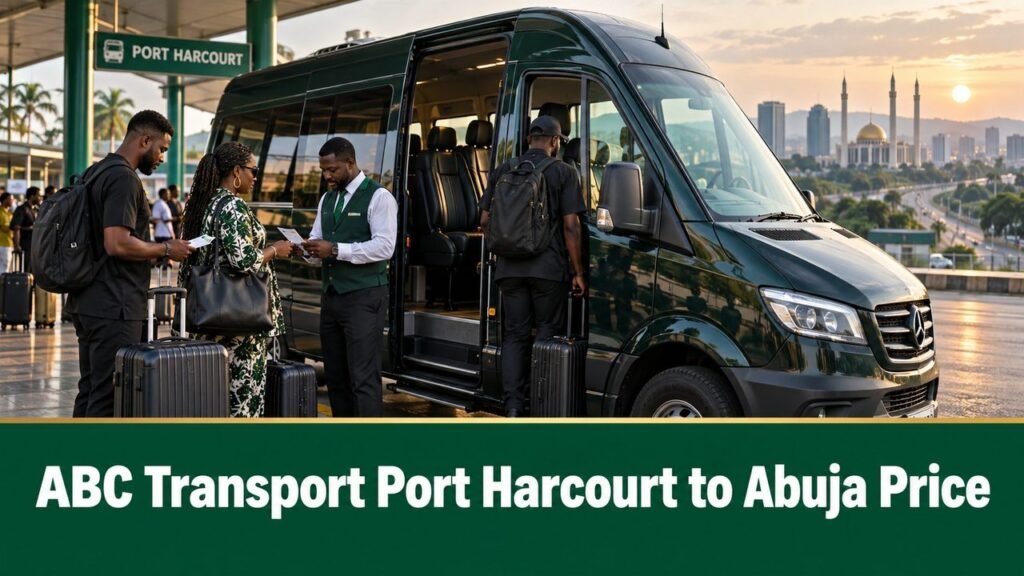 Executive minibus at Port Harcourt with the text ABC Transport Port Harcourt to Abuja Price