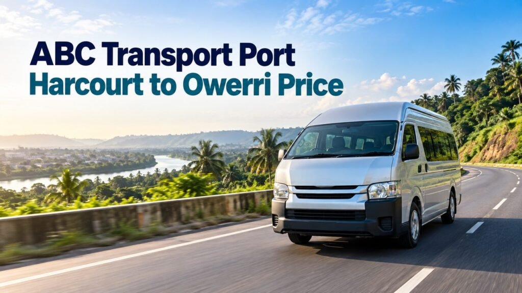 Shuttle on a green highway with the text ABC Transport Port Harcourt to Owerri Price