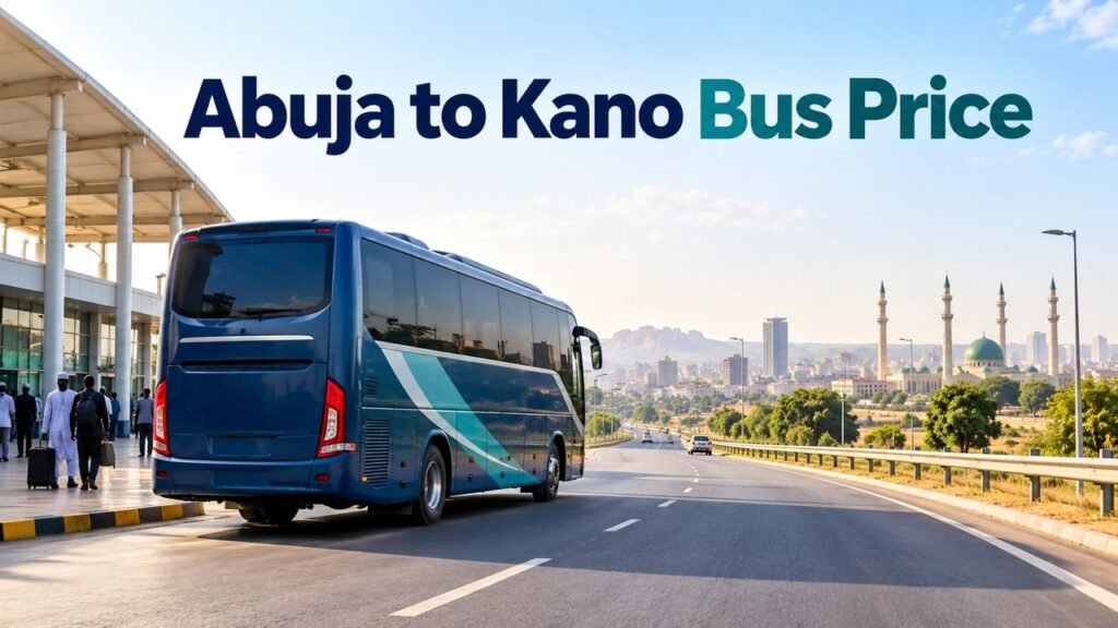 Coach leaving Abuja with the text Abuja to Kano Bus Price