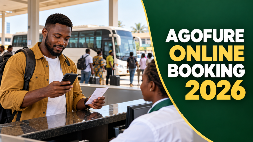 Nigerian traveller checking a phone and paper ticket with Agofure Online Booking 2026 text