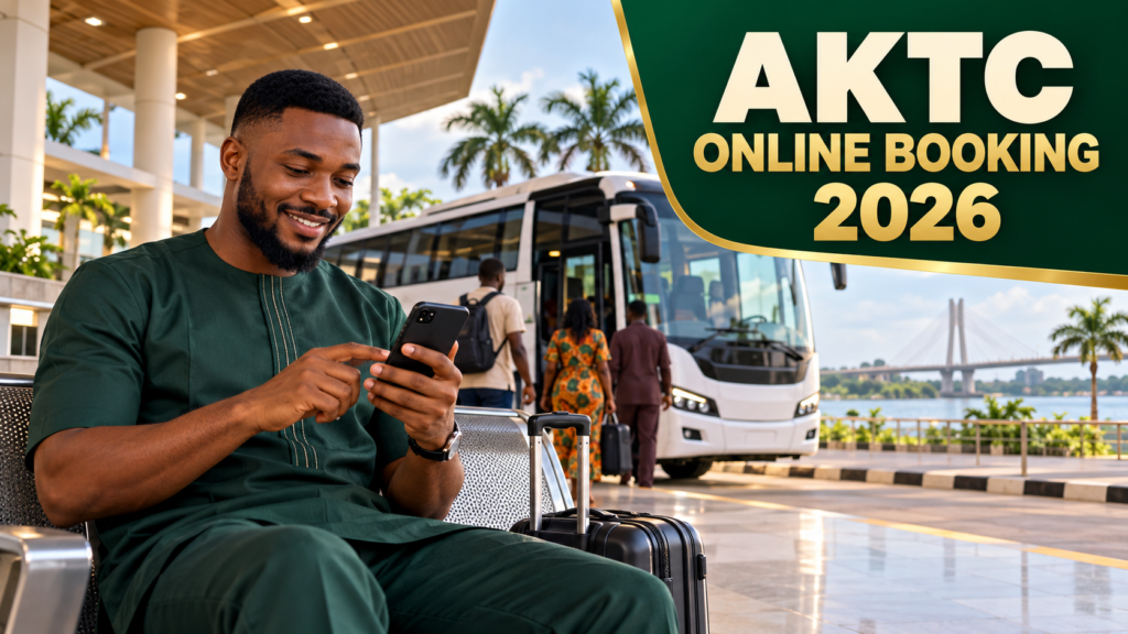 Nigerian traveller booking by phone with AKTC Online Booking 2026 text