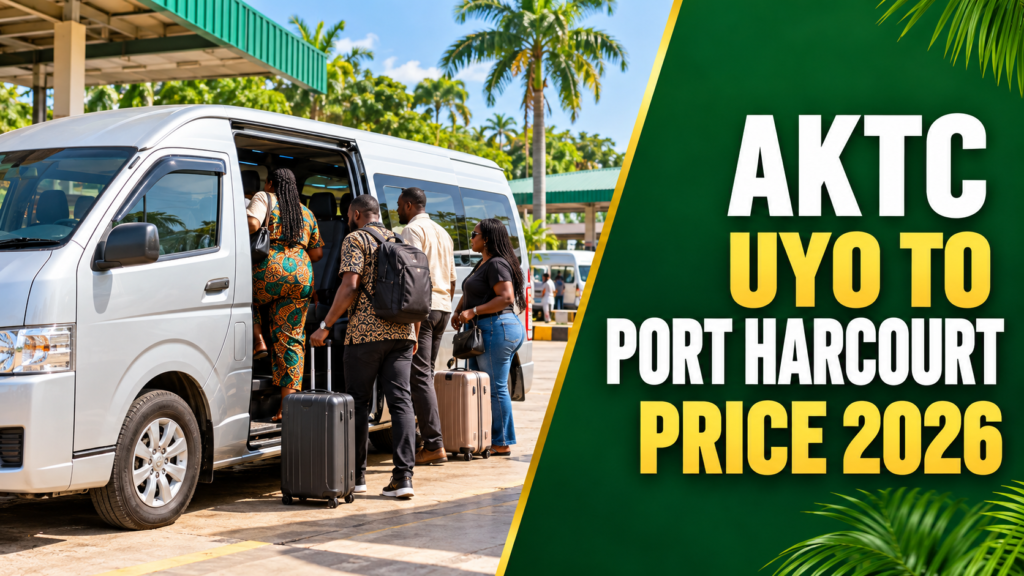 Nigerian passengers boarding a minibus with AKTC Uyo to Port Harcourt Price 2026 text