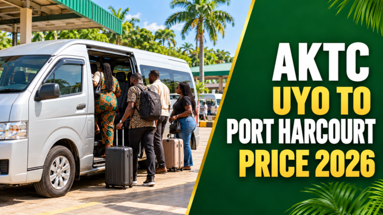 Nigerian passengers boarding a minibus with AKTC Uyo to Port Harcourt Price 2026 text