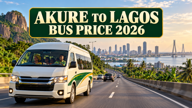 Intercity minibus on a southwest Nigeria road with Akure to Lagos Bus Price 2026 text