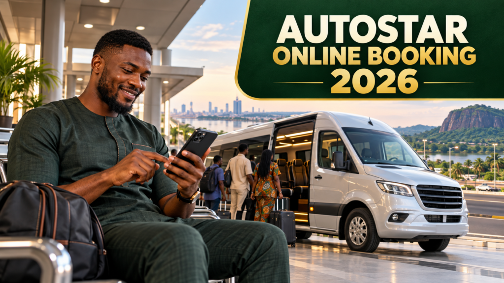 Nigerian traveller using a phone with Autostar Online Booking 2026 text