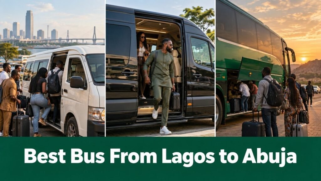 Three intercity vehicle types with the text Best Bus From Lagos to Abuja
