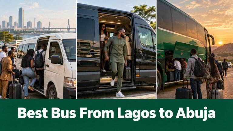 Three intercity vehicle types with the text Best Bus From Lagos to Abuja