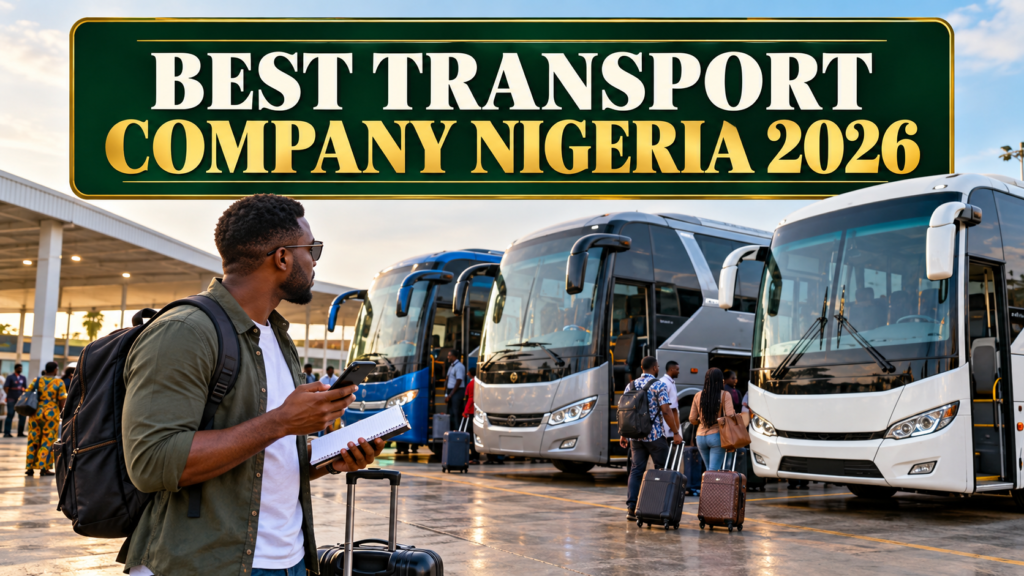 Traveller comparing Nigerian coaches with Best Transport Company Nigeria 2026 text