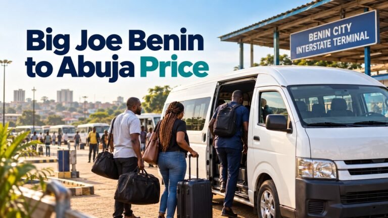 Passengers boarding a minibus with the text Big Joe Benin to Abuja Price
