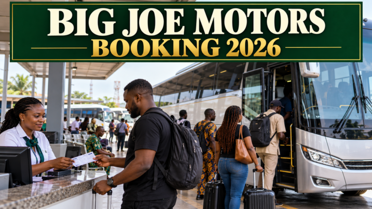 Nigerian passenger collecting a ticket with Big Joe Motors Booking 2026 text
