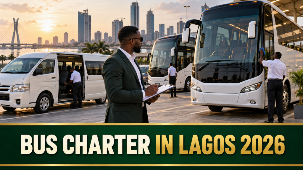 Fleet of charter vehicles and organiser with Bus Charter in Lagos 2026 text