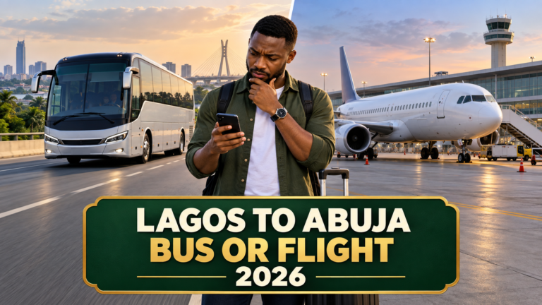 Coach and aircraft comparison with Lagos to Abuja Bus or Flight 2026 text