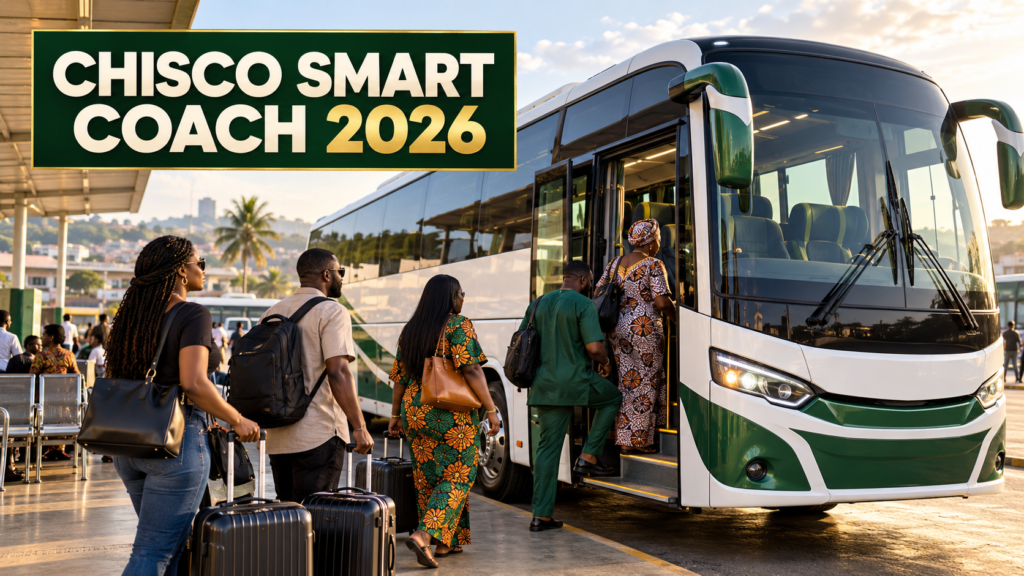 Nigerian passengers boarding a premium coach with Chisco Smart Coach 2026 text