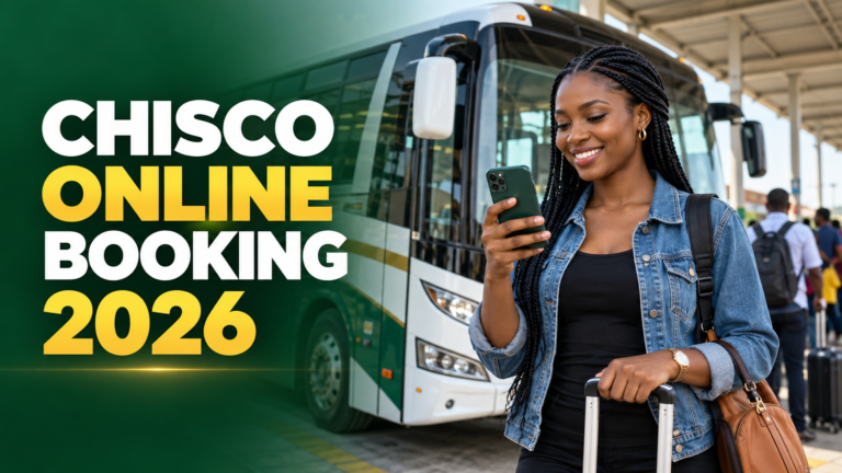 Nigerian traveller using a phone beside a coach with Chisco Online Booking 2026 text