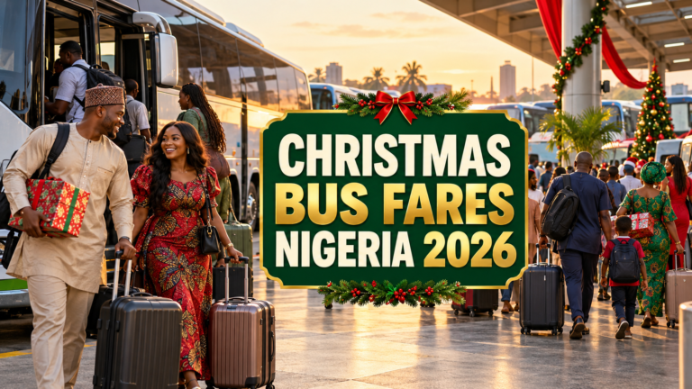 Festive Nigerian bus terminal with Christmas Bus Fares Nigeria 2026 text