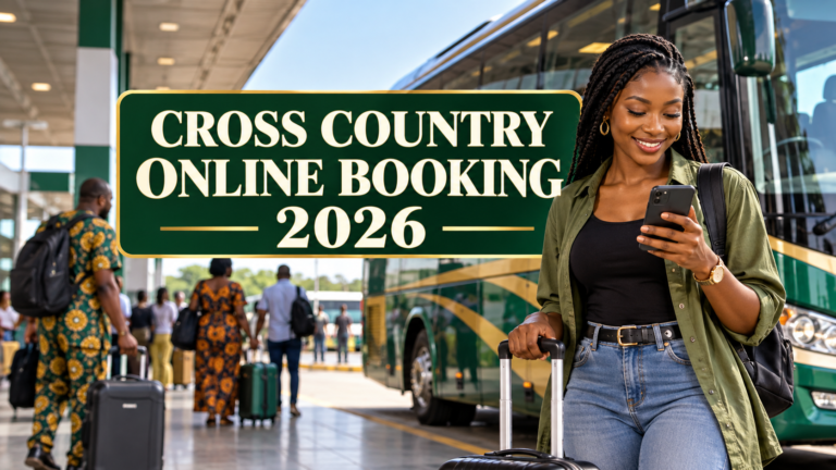 Nigerian traveller using a phone beside a coach with Cross Country Online Booking 2026 text