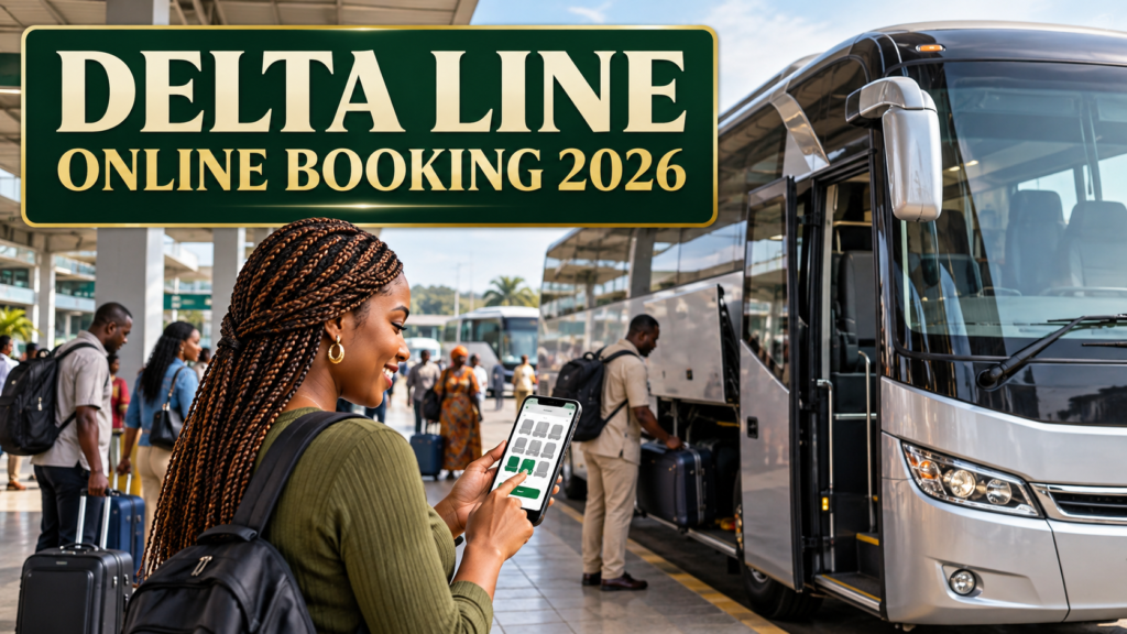 Nigerian traveller selecting a coach seat with Delta Line Online Booking 2026 text