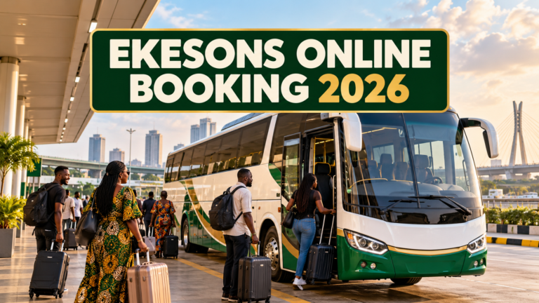 Nigerian travellers boarding an intercity coach with Ekesons Online Booking 2026 text