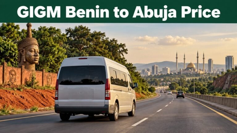 Intercity minibus on the Benin to Abuja road with the text GIGM Benin to Abuja Price