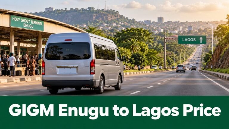 Minibus leaving Enugu toward Lagos with the text GIGM Enugu to Lagos Price