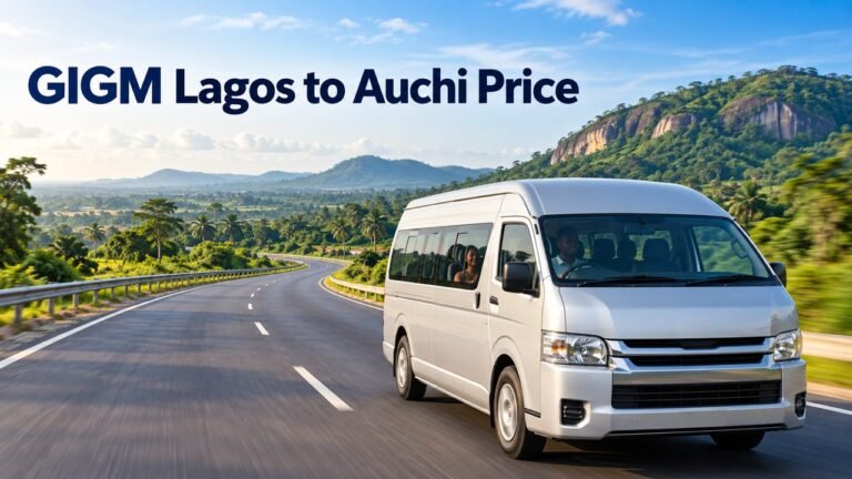 Minibus on a green road with the text GIGM Lagos to Auchi Price