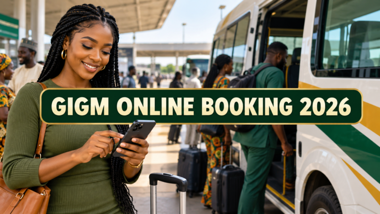Nigerian traveller using a smartphone with GIGM Online Booking 2026 text