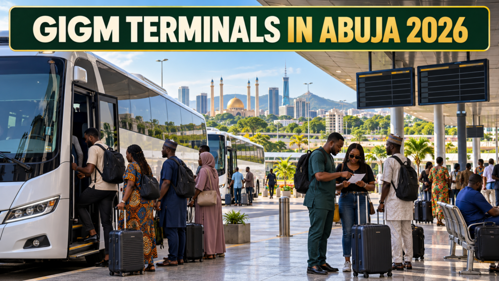 Nigerian travellers at an Abuja coach terminal with GIGM Terminals in Abuja 2026 text