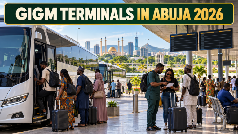 Nigerian travellers at an Abuja coach terminal with GIGM Terminals in Abuja 2026 text