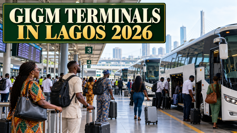Busy Lagos coach hub with GIGM Terminals in Lagos 2026 text