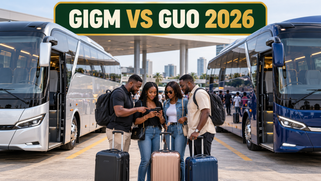 Two premium Nigerian coaches and travellers with GIGM vs GUO 2026 text