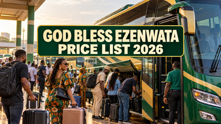 Passengers boarding a Nigerian coach with God Bless Ezenwata Price List 2026 text