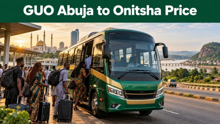 Intercity coach leaving Abuja with the text GUO Abuja to Onitsha Price