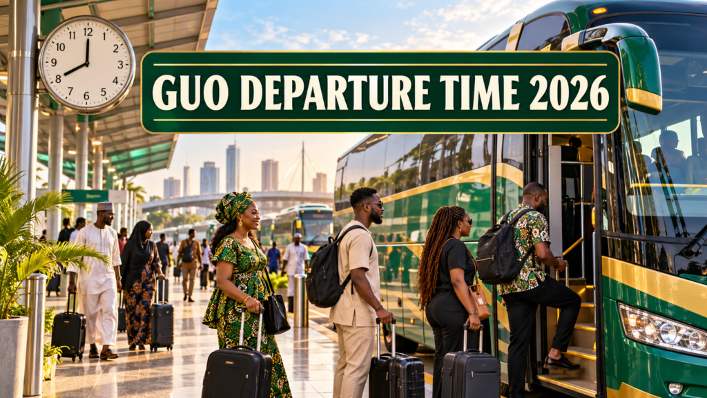 Passengers boarding a coach beside a terminal clock with GUO Departure Time 2026 text