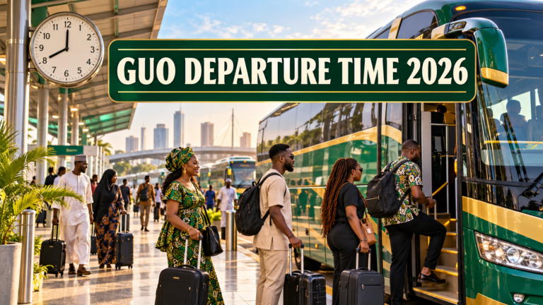 Passengers boarding a coach beside a terminal clock with GUO Departure Time 2026 text