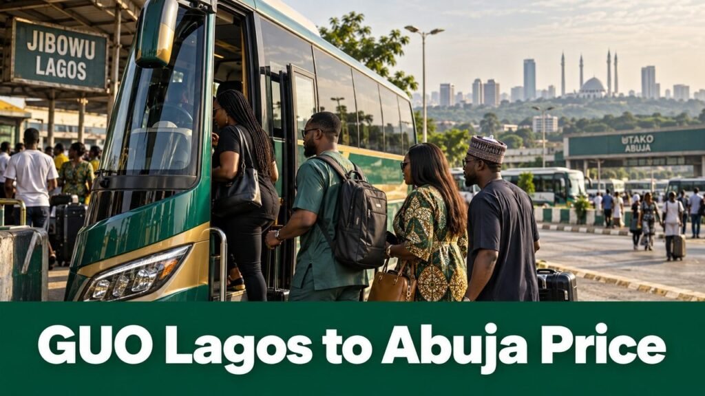 Coach boarding at Lagos Jibowu with the text GUO Lagos to Abuja Price