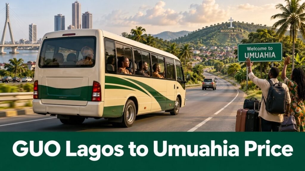 Intercity bus arriving at Umuahia with the text GUO Lagos to Umuahia Price