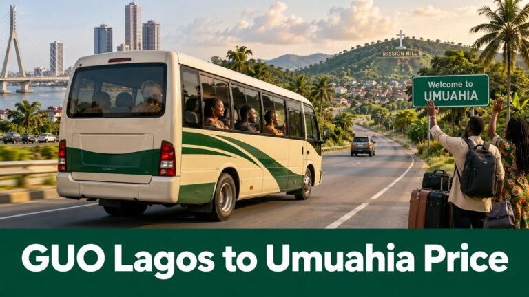 Intercity bus arriving at Umuahia with the text GUO Lagos to Umuahia Price
