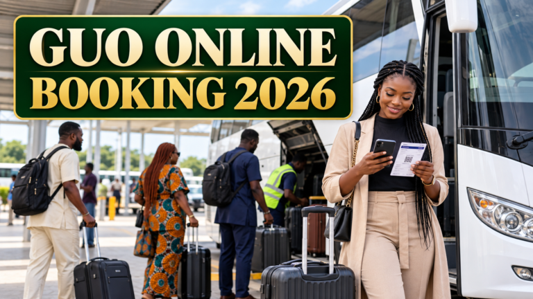 Nigerian traveller confirming a ticket with GUO Online Booking 2026 text