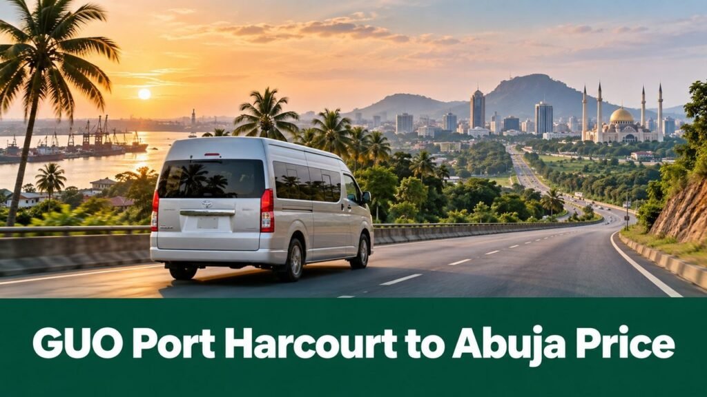 Minibus travelling from Port Harcourt toward Abuja with the text GUO Port Harcourt to Abuja Price