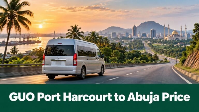 Minibus travelling from Port Harcourt toward Abuja with the text GUO Port Harcourt to Abuja Price