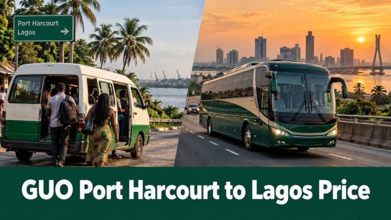 Minibus and coach on the Port Harcourt to Lagos route with the text GUO Port Harcourt to Lagos Price