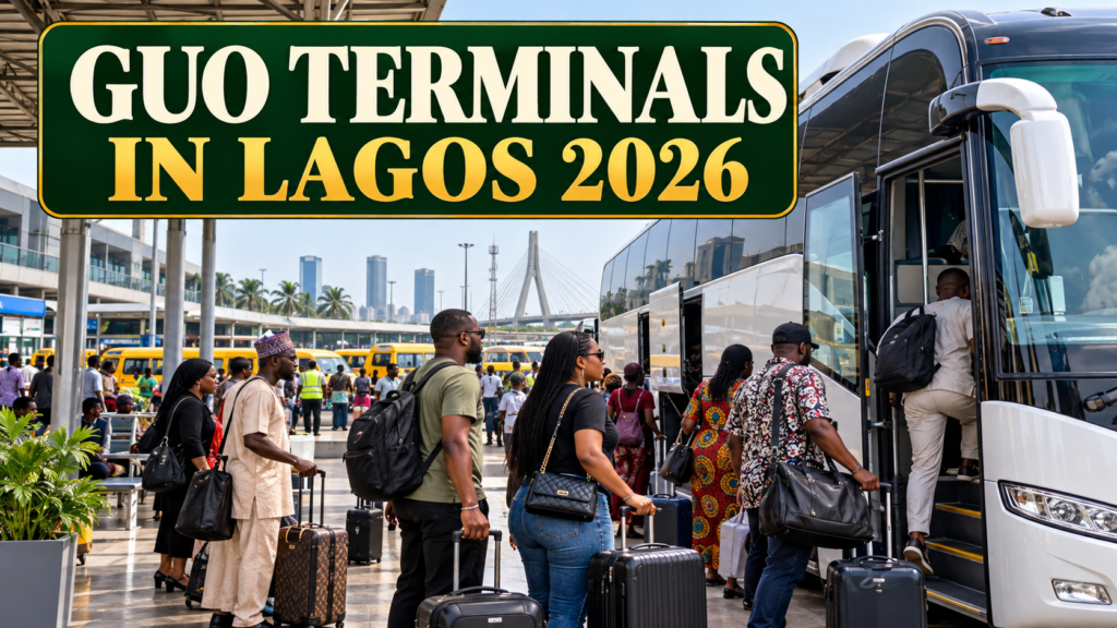 Passengers boarding at a Lagos coach park with GUO Terminals in Lagos 2026 text