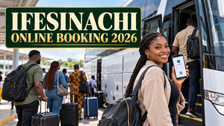 Nigerian traveller holding a ticket with Ifesinachi Online Booking 2026 text